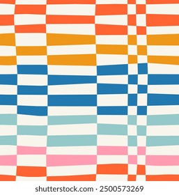 Abstract seamless pattern of horizontal multicolored stripes in a row, distorted colorful chess pattern on a light background, hand drawn illustration, flat style