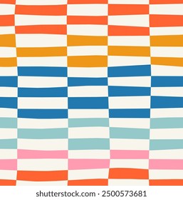 Abstract seamless pattern of horizontal multicolored stripes in a row, distorted chess pattern on a light background, hand drawn illustration, flat style