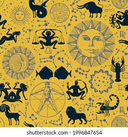 Abstract seamless pattern with horoscope signs, zodiac symbols, sun, moon, stars, constellations and human figure like Vitruvian man on a yellow backdrop. Hand-drawn vector background in retro style