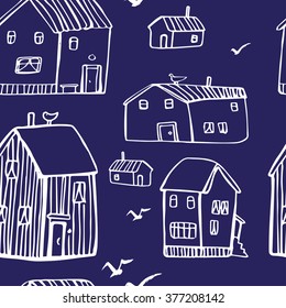 Abstract seamless pattern with houses and birds. Hand drawn background. 