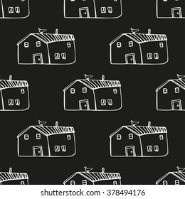 Abstract seamless pattern with houses and birds. Hand drawn background. 