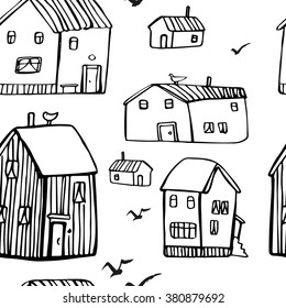 Abstract seamless pattern with houses and birds. Hand drawn background. Adult coloring book.