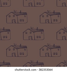 Abstract seamless pattern with houses and birds. Hand drawn background. 