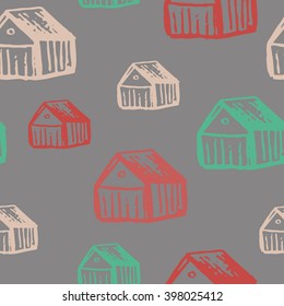 Abstract seamless pattern with houses. Hand drawn background.