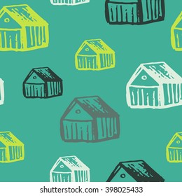 Abstract seamless pattern with houses. Hand drawn background.