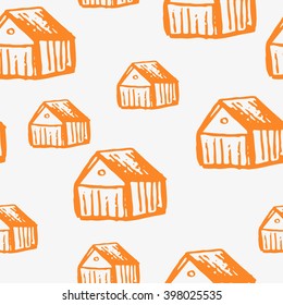 Abstract seamless pattern with houses. Hand drawn background.