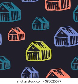 Abstract seamless pattern with houses. Hand drawn background.