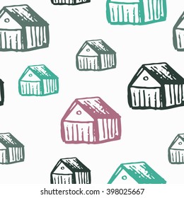 Abstract seamless pattern with houses. Hand drawn background.