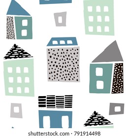 Abstract seamless pattern with houses with hand drawn textures and shapes. Perfect for fabric.textile,wallpaper. Vector Illustration