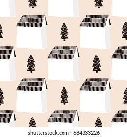 Abstract seamless pattern with houses and trees. Scandinavian style background. Perfect for fabric,textile,wallpaper. Vector Illustration