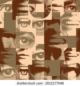 Abstract seamless pattern with human eyes and mouths expressing various emotions-serious, smiling, pensive, surprised. Vector background in retro style. Suitable for Wallpaper, wrapping paper, fabric