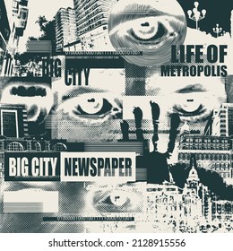 Abstract seamless pattern with human eyes, newspaper headlines, cityscapes. Chaotic vector background on the theme of city life in modern style. Black and white wallpaper, wrapping paper, fabric