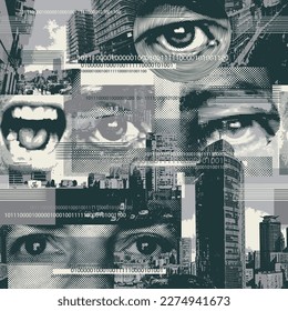 Abstract seamless pattern with human eyes, urban landscapes in grunge texture. Chaotic background on the theme of city life in retro style. Wallpaper, wrapping paper, fabric design