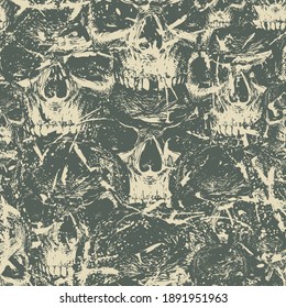 Abstract seamless pattern with human skulls. Dark vector background with ominous skulls in grunge style. Wallpaper, wrapping paper, fabric, graphic print for clothes, design for halloween party