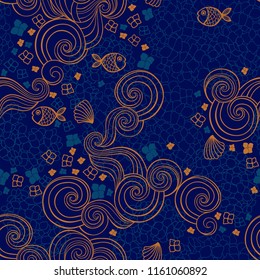 Abstract seamless pattern with hydrangeas and fishes, waves. Vector illustration on a sea theme.