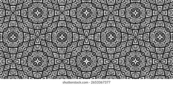 Abstrato padrão sem emenda com efeitos visuais hipnóticos e ópticos em preto e branco.