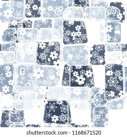 Abstract seamless pattern of ice colors on a background of a variety of snowflakes.