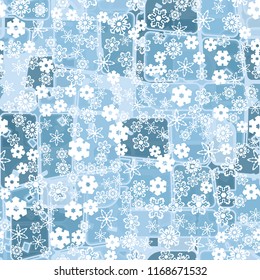 Abstract seamless pattern of ice colors on a background of a variety of snowflakes.