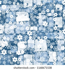 Abstract seamless pattern of ice colors on a background of a variety of snowflakes.