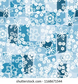 Abstract seamless pattern of ice colors on a background of various snowflakes of different sizes.