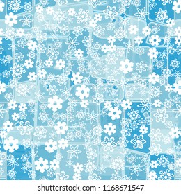 Abstract seamless pattern of ice colors on a background of a variety of snowflakes.