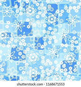 Abstract seamless pattern of ice colors on a background of various snowflakes of different sizes.