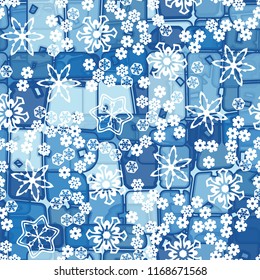 Abstract seamless pattern of ice colors on a background of various snowflakes of different sizes.