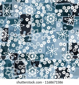 Abstract seamless pattern of ice colors on a background of various snowflakes of different sizes.