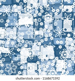 Abstract seamless pattern of ice colors on a background of various snowflakes of different sizes.