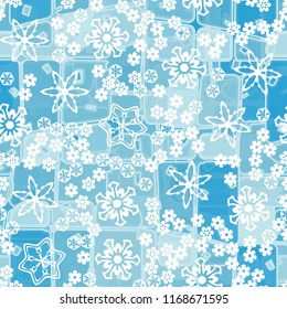 Abstract seamless pattern of ice colors on a background of various snowflakes of different sizes.