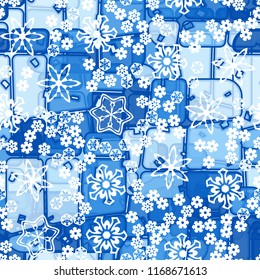 Abstract seamless pattern of ice colors on a background of various snowflakes of different sizes.
