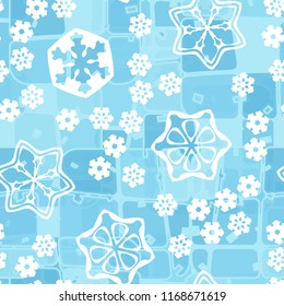 Abstract seamless pattern of ice colors on a background of large snowflakes.