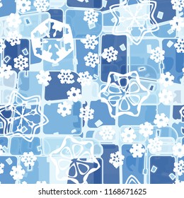 Abstract seamless pattern of ice colors on a background of large snowflakes.
