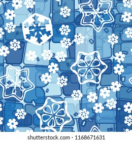 Abstract seamless pattern of ice colors on a background of large snowflakes.