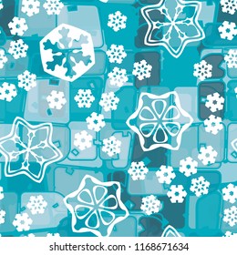 Abstract seamless pattern of ice colors on a background of large snowflakes.