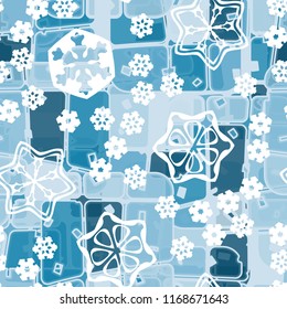 Abstract seamless pattern of ice colors on a background of large snowflakes.