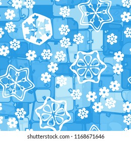 Abstract seamless pattern of ice colors on a background of large snowflakes.