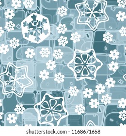 Abstract seamless pattern of ice colors on a background of large snowflakes.