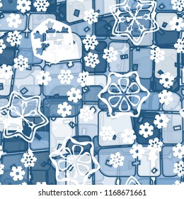 Abstract seamless pattern of ice colors on a background of large snowflakes.