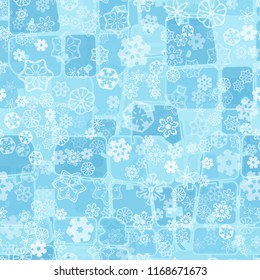 Abstract seamless pattern of ice colors on a snowfall background of translucent snowflakes.