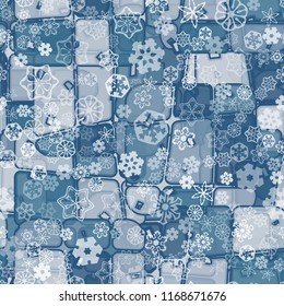 Abstract seamless pattern of ice colors on a snowfall background of translucent snowflakes.