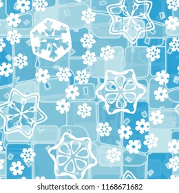 Abstract seamless pattern of ice colors on a background of large snowflakes.