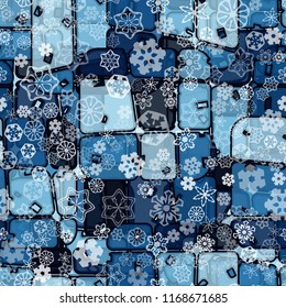 Abstract seamless pattern of ice colors on a snowfall background of translucent snowflakes.