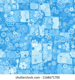 Abstract seamless pattern of ice colors on a snowfall background of translucent snowflakes.