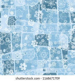 Abstract seamless pattern of ice colors on a snowfall background of translucent snowflakes.