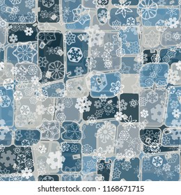 Abstract seamless pattern of ice colors on a snowfall background of translucent snowflakes.