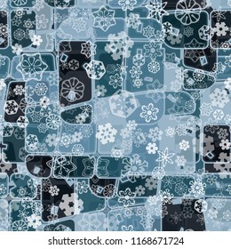 Abstract seamless pattern of ice colors on a snowfall background of translucent snowflakes.