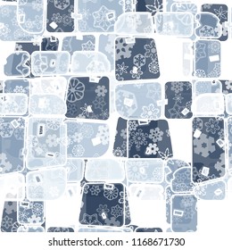 Abstract seamless pattern of ice colors on a snowfall background of translucent snowflakes.