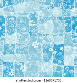 Abstract seamless pattern of ice colors on a snowfall background of translucent snowflakes.