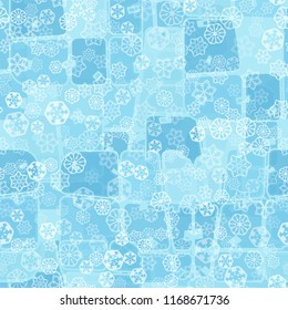 Abstract seamless pattern of ice colors on a background of various translucent snowflakes.
